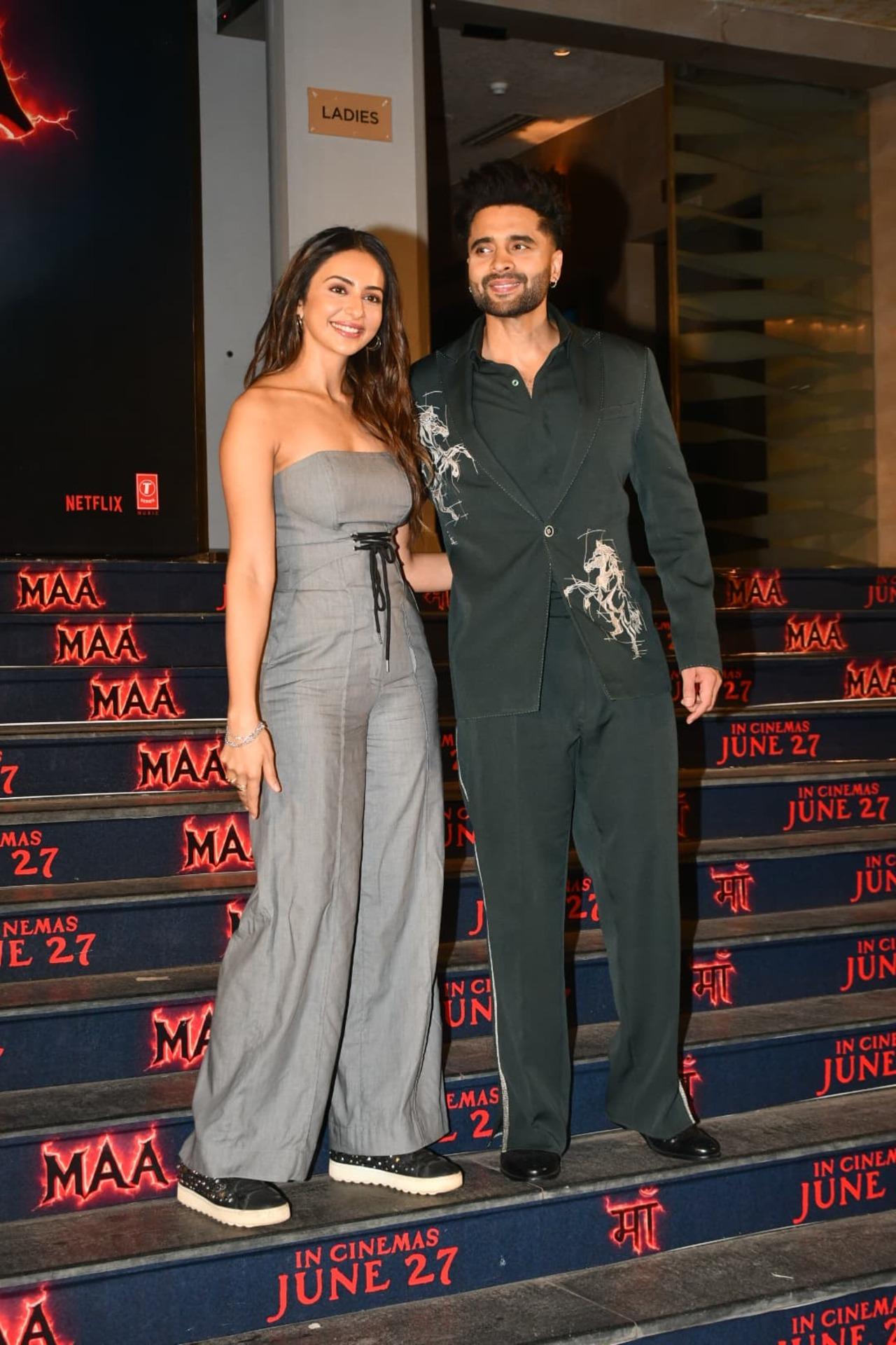 Couple Rakul Preet Singh and Jackky Bhagnani strike a pose at the screening of Maa